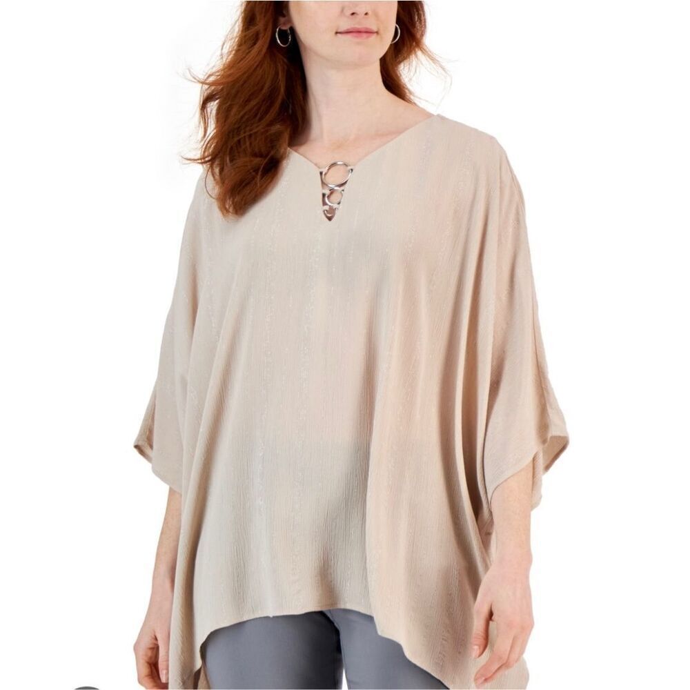 NWT SZ S Macy’s JM Collection Triple O-Ring Lurex Dolman Sleeve Tunic Top in Sug